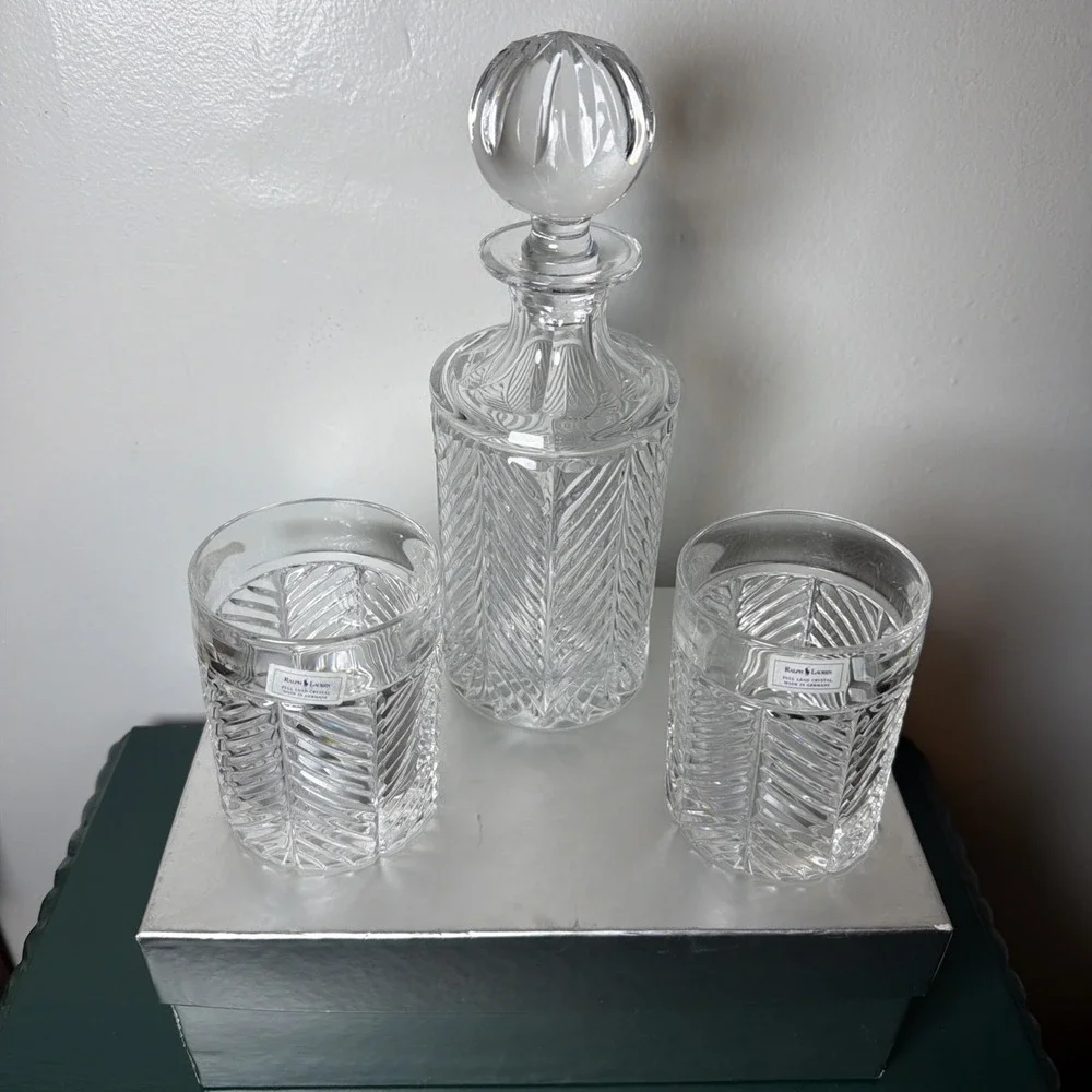 Vintage Ralph Lauren Herringbone Cut Crystal Decanter & 2 High Ball Glasses NEW